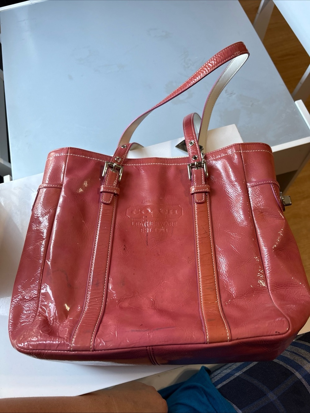 Coach Coral Pink Leather Tote with Buckle Straps